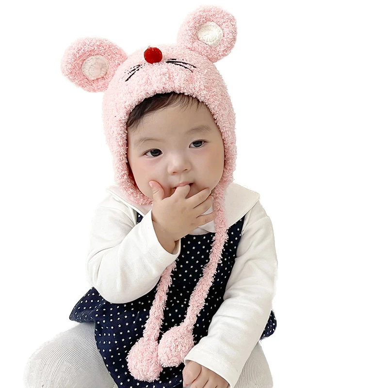 

Лидер продаж, зимняя шапка для малышей, шапка с ушками мышки, детские вязаные шапки для девочек, Шапка-бини, милая шерстяная вязаная шапка дл...