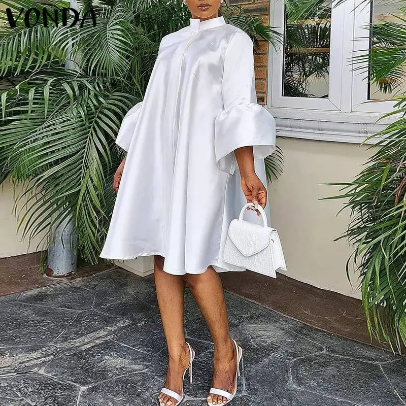 

Summer Satin Slik Dress 2021 Women Casual 3/4 Sleeve Stand Collar Knee-Length Dresses VONDA Button Down Cocktail Party Vestidos