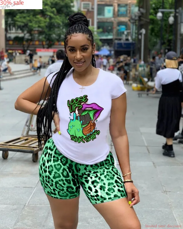 2020 Summer 2 Piece Set Biker Shorts Clothes Women Printed Cartoon T Shirt Tops Leopard Tracksuits Jogger |