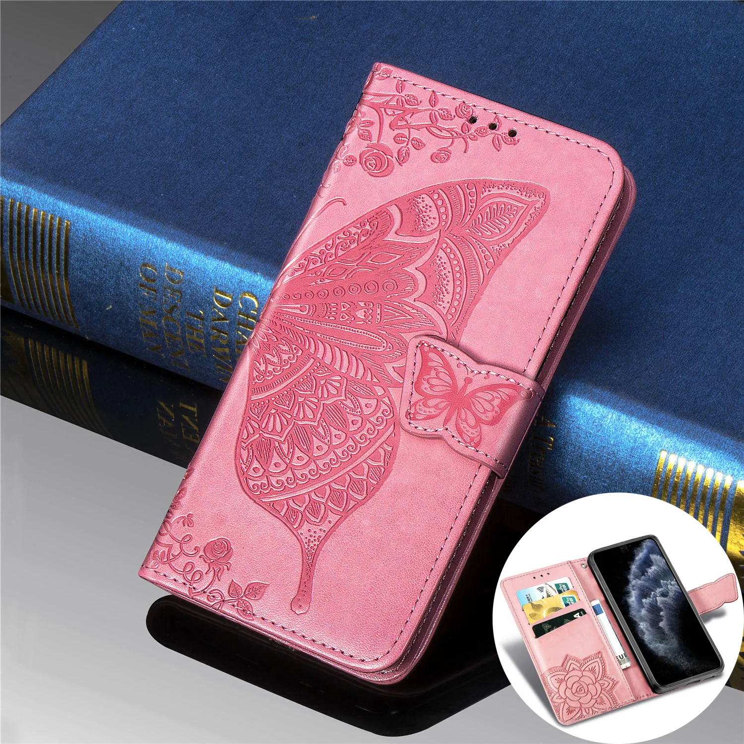 Кожаный чехол бумажник с откидной крышкой изображением бабочки и цветов для iPhone