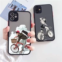 cartoon cycling girl phone case for iphone 13 12 11 mini pro xr xs max 7 8 plus x matte transparent back cover