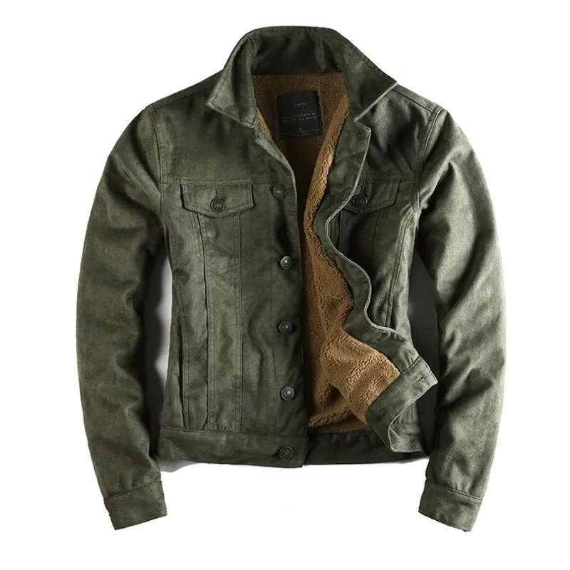 

Winter Mens Warm Fur Lining Suede Leather Jacket Short Slim Fit Faux Leather Biker Coat Male Single Breasted Thick Work Jacket