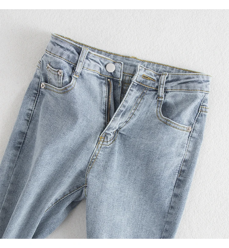 

High End Mesh Lace Design Frayed Split Jeans High Slim Thin Ankle-length Pants Fashionable Temperament Denim Pants Women