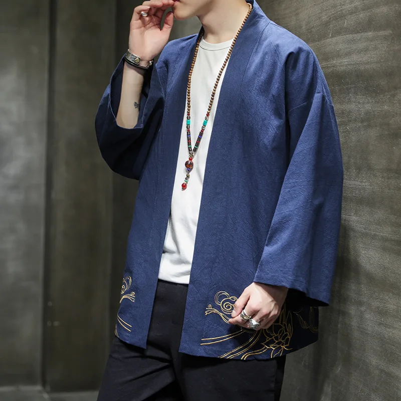 

Японское кимоно с вышивкой, кардиган, льняная ветровка, юката, винтажная одежда для самураев, куртки в стиле Харадзюку, азиатская одежда, раз...