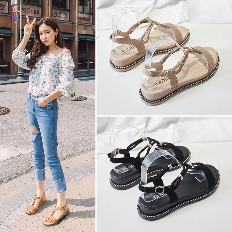 

Summer women's shoes genuine leather women's sandals anti velvet leather net red Roman slope heel sandals women's shoes