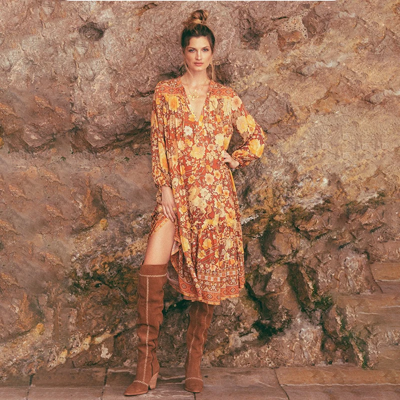 Женское винтажное длинное платье в стиле бохо с цветочным принтом и v образным