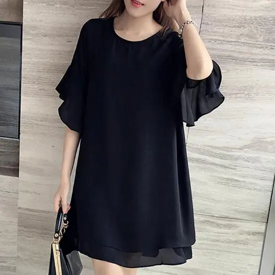 Женское шифоновое платье с круглым вырезом и рукавом бабочкой свободного