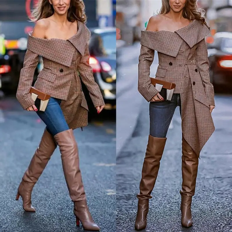 Осенняя Женская куртка Meihuida модная Асимметричная длинная с вырезом лодочкой и