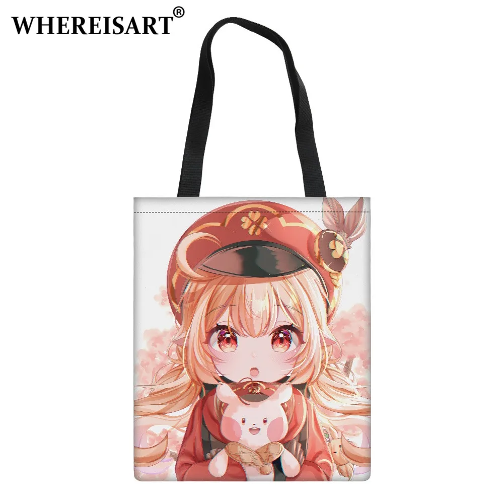 

WHEREISART Women's Genshin Impact Cloth Bag Foldable Grocery Canvas Cotton Shopper Bag Cute Figure Klee Reusable Shoulder Bags