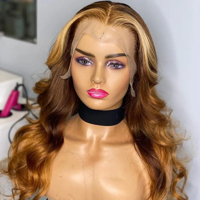 

Hd Brown Highlight Honey Blonde Ombre 13x6 Lace Frontal Wigs Glueless Body Wave Pre Plucked Human Hair Lace Front Wigs For Women
