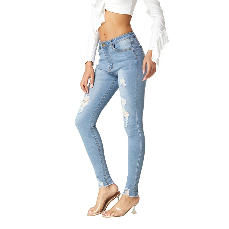 

Denim Pencil Pants Hole Elastics Women's pants Washed Casual Light blue Elegant Trousers for female Women's fashion jeans 2021
