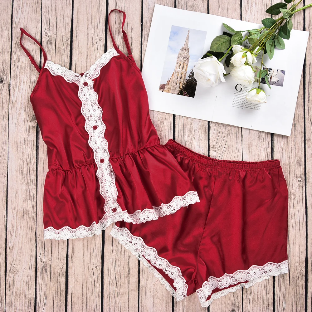 Красная женская пижама Сексуальный Атласный пижамный комплект кружевной топ на