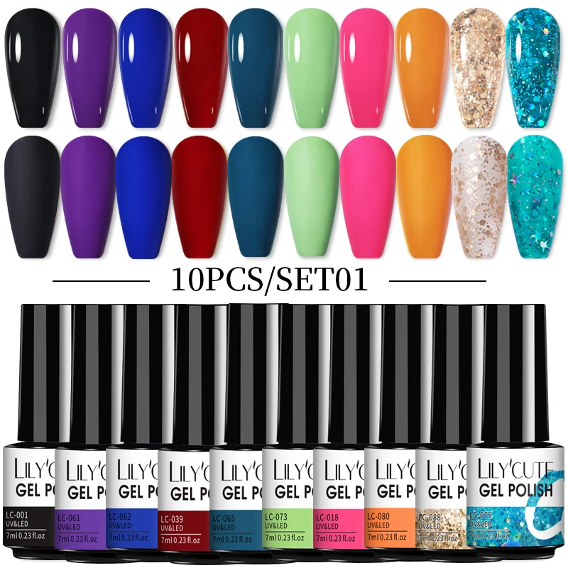 

LILYCUTE Manicure Gel Set 6/10Pcs/Kit 7ml Hybrid Semi Permanent UV LED Base Top Coat Nail Gel For Nail Art Gel Nail Polish Set