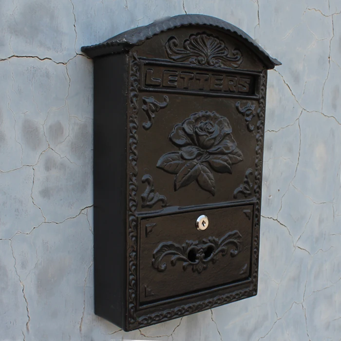

Cast Aluminum Flower Mailbox Embossed Trim Black Wall Mount Decorative Mail box Home Garden Metal Post Letters Box Postbox Lock