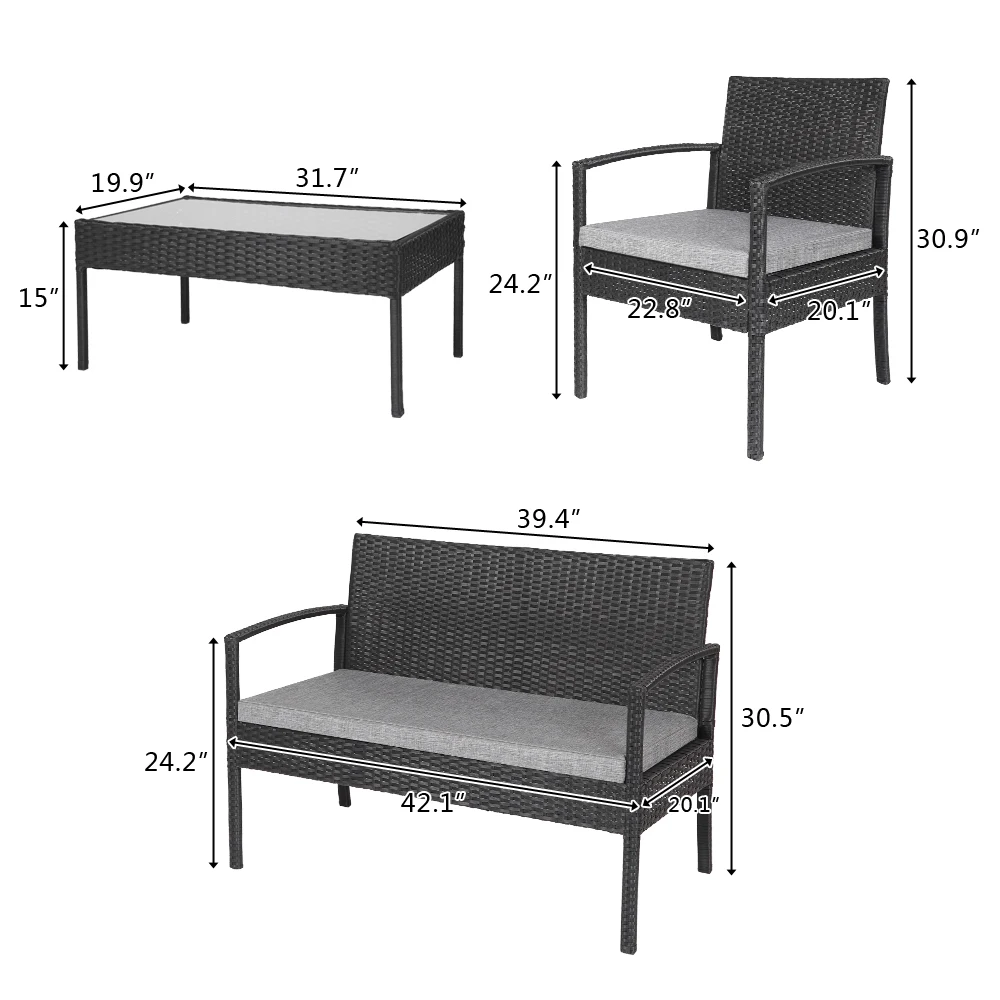 

(Ships From USA) 4 PCS Outdoor Patio Rattan Wicker Furniture Set Table Sofa Cushioned Reception Sofa Chair Leisure Cozy Chair