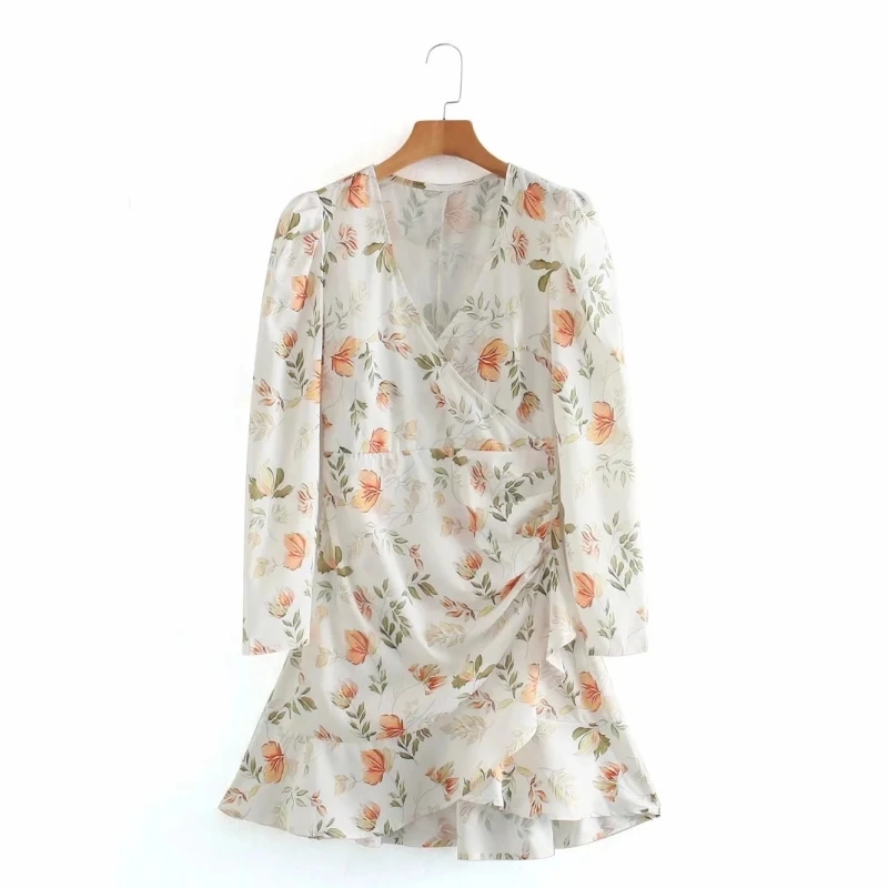 

Spring Women Flower Printing Cross V Neck Ruffled Hem Mini Dress Female Puff Sleeve Clothes Casual Lady Loose Vestido D7301