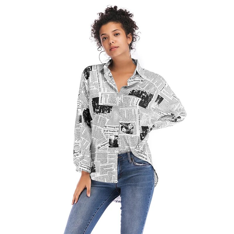 

High Street Casual Blouse Women Newspaper Printing blusas mujer de moda Loose Type tunique femme Daily womens tops Big Size Sexy