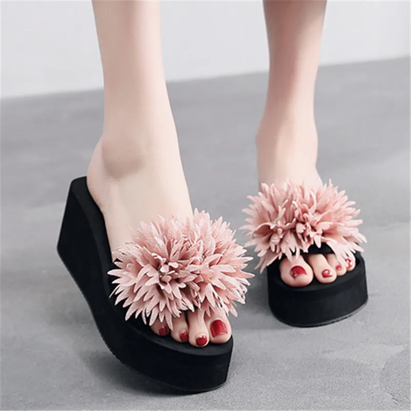 

Flat Shoes Female Summer Clogs Woman Slippers Casual Flower Med On A Wedge Slides Platform Beach Luxury Soft Fabric Fashion Rubb