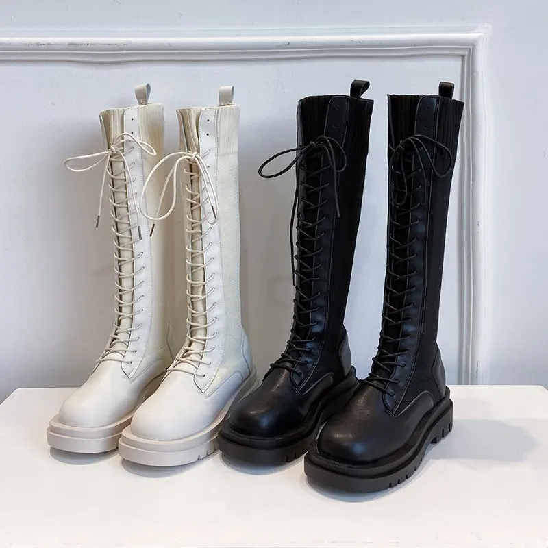 

2020 Winter Motocyle Women Platform Boots Platform Knee High Long Sock Boots PU Leather Ankle Boots Waterproof Boot Shoes