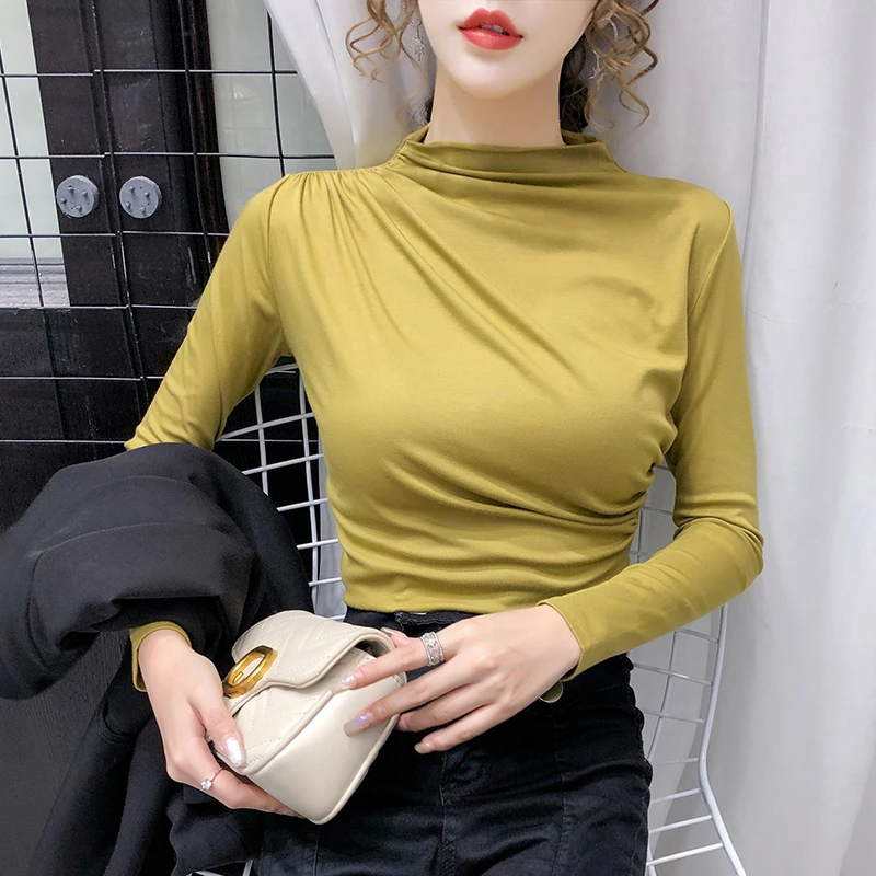 

gkfnmt 2021 Long Sleeve T Shirt Women Autumn Tops Folds Slim T-Shirt Female Korean Cotton Tshirt Woman Clothes Tee Shirt Femme