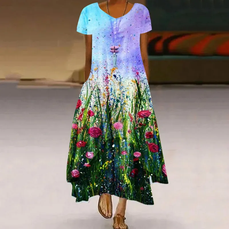 

Round Neck Dress Ladies Print Short Sleeve Dresses Casual Loose Vestidos Summer Party Outfits Clubwear Robe Femme Women 2021