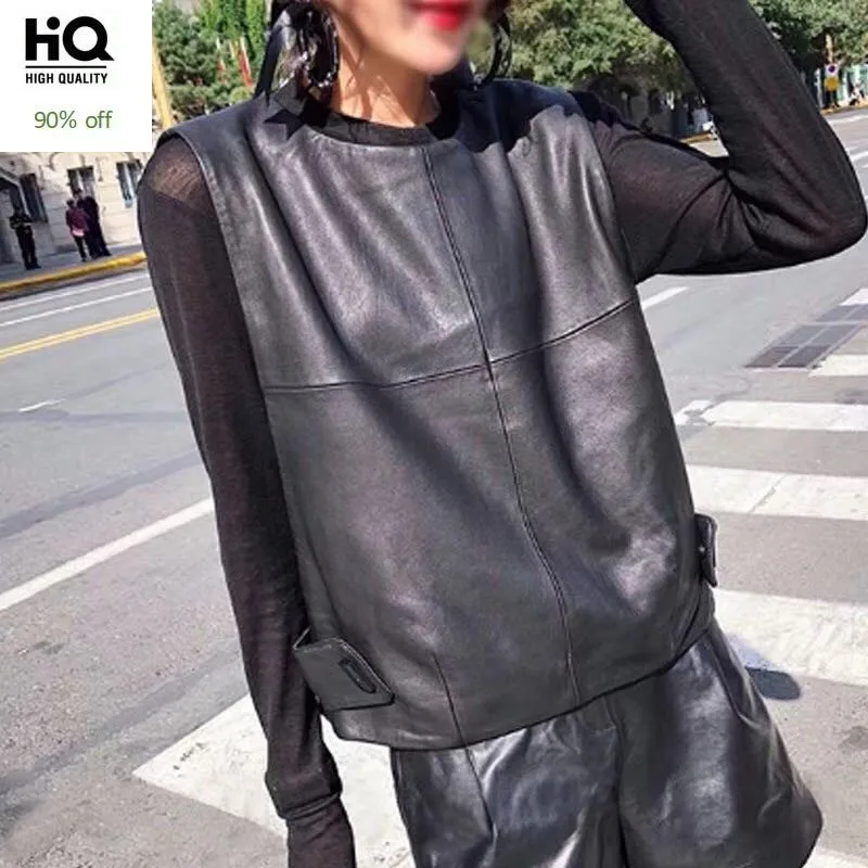 Женский жилет из натуральной кожи овчина свободный крой пуловер куртка без