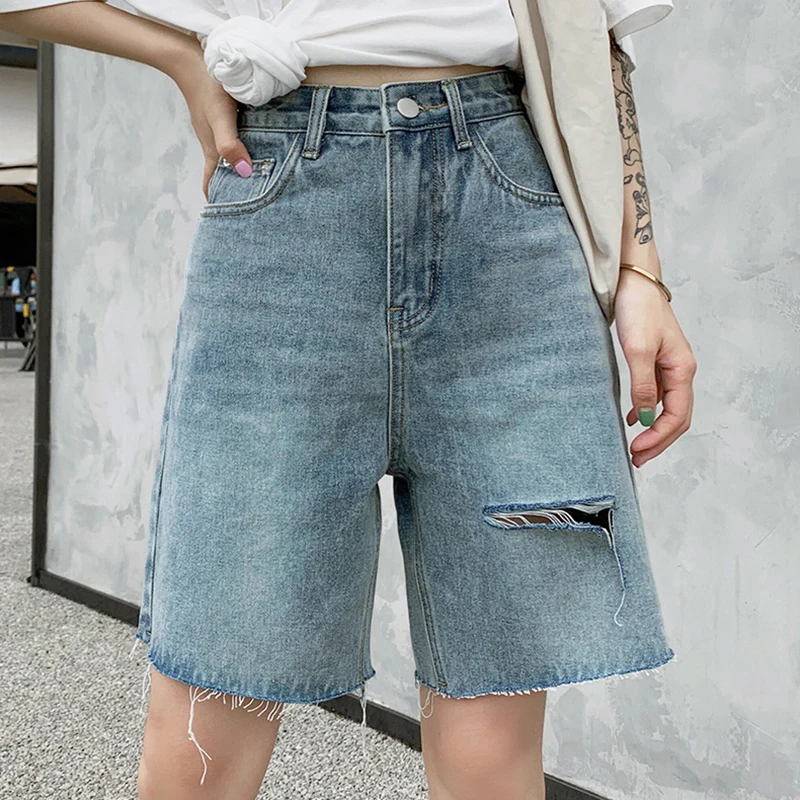 CHICEVER Casual Loose Denim Knee Length Trousers For Women High Waist Vintage Wide Leg Pants Female 2021 Summer Fashion Clothing