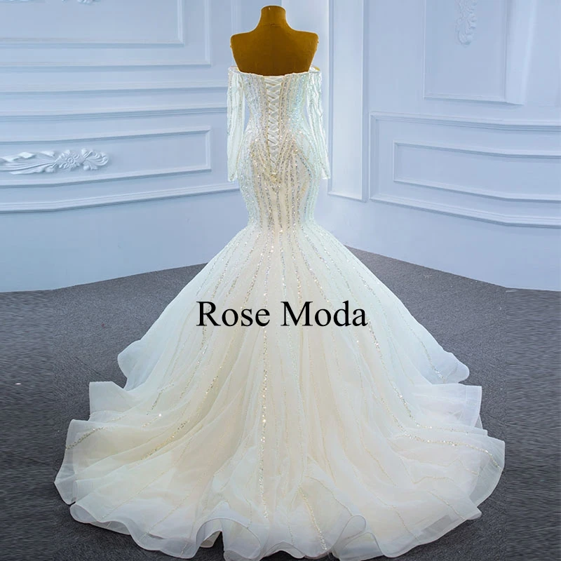 Rose Moda Luxury Glittering Off Shoulder Long Sleeves Mermaid Wedding Dress Lace Up Back
