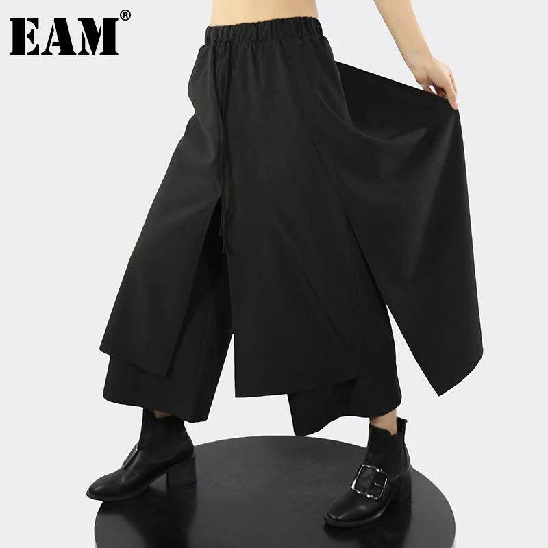

[EAM] Черные Асимметричные Длинные широкие брюки с высокой эластичной талией, новые свободные брюки, женские модные демисезонные 2022 1DE4710