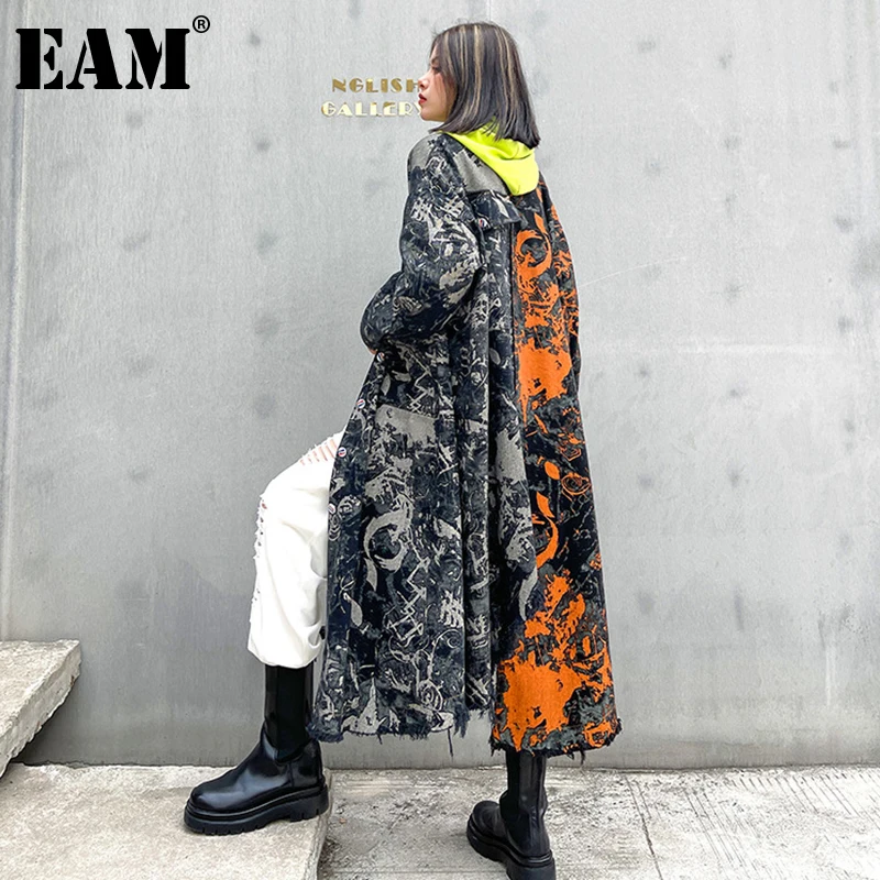 

[EAM] Women Pattern Printed Big Size Long Trench New Lapel Long Sleeve Loose Fit Windbreaker Fashion Spring Autumn 2021 1DE2608