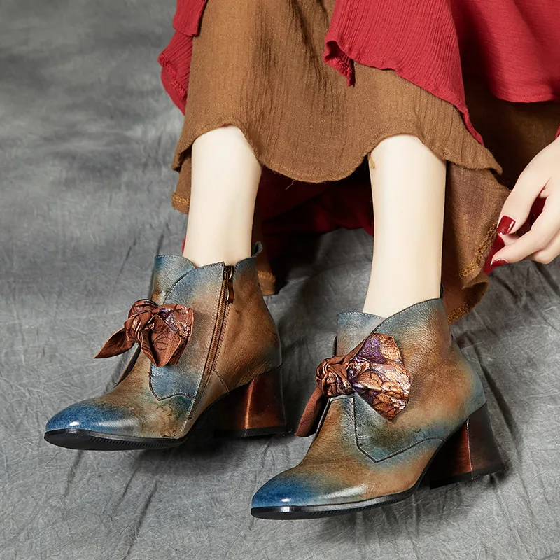 Johnature 2021 New Spring Platform Boots Women Shoes Retro Round Toe Genuine Leather Zip Square Heel Butterfly-knot Ankle | Обувь