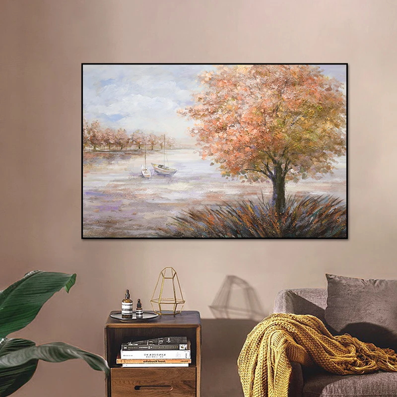 

Golden Pink Blue Tree Vintage Wall Art Pictures Beautiful Landscape Canvas Interior Paintings Posters Prints Living Room Decor