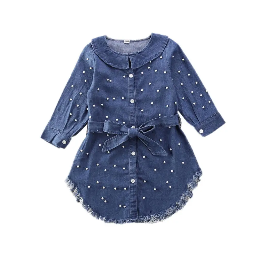 

New Toddler Blue Pearl Bowknot Denim Jeans Baby Girl Long Sleeve T-Shirt Dress Kid Coat Clothes