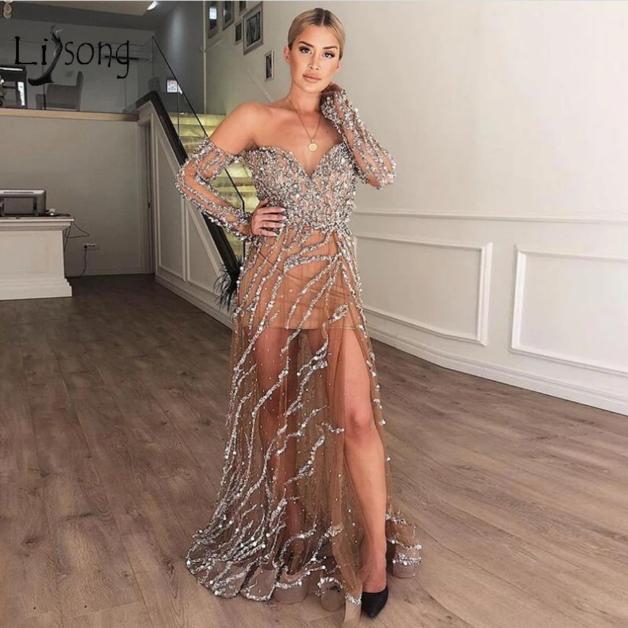 Luxury Champagne Beaded Sexy Prom Dresses High Side Split Sexy See Thru Mermaid Prom Gowns Off The Shoulder Robes Soiree Longue