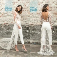 boho jumpsuits wedding dresses 2021 lace appliques sequins long sleeve bridal pantsuit bride reception jumpsuit vestido de noiva