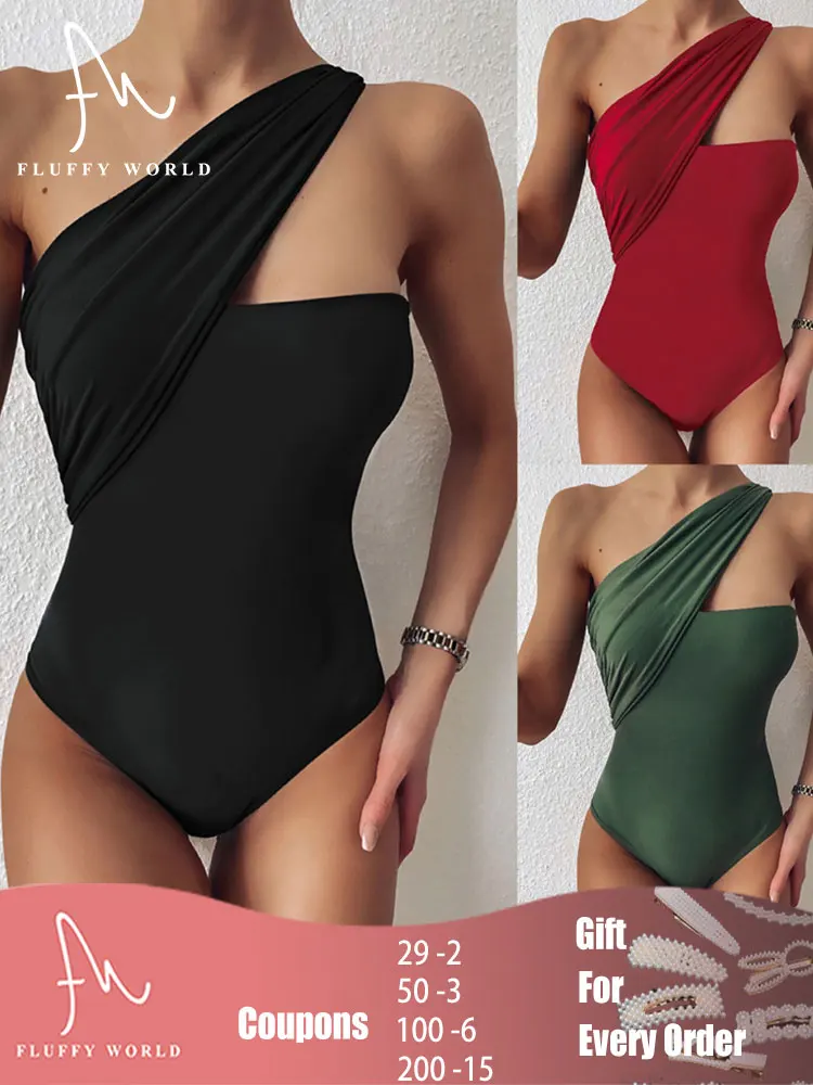 

2021 Women Sexy Solid One Piece Swimsuits One Shoulder Swimsuit Push Up Bathing Suits Bodysuits Beach Wear High Waist One Piece