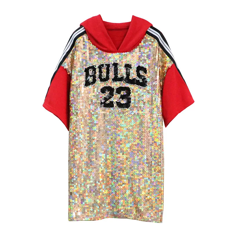 

QING MO Women Letter Sequin T Shirt Hooded Women Patchwork T Shirt Stripe Short Sleeve T Shirt O-Neck Loose Tops ZLDM056