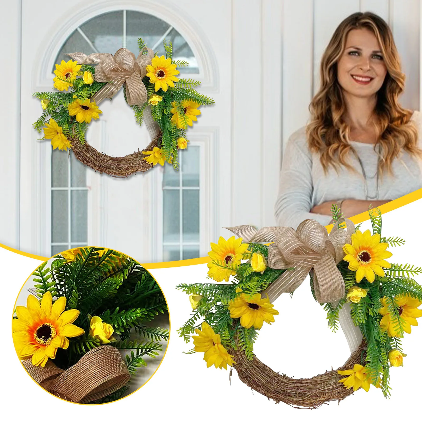 

Artificial Sunflower Wreath Autumn Rattan Circle Wreath Wall Hanging Sunflower Wreath Decorative Fake Flower Wreath Door 2021