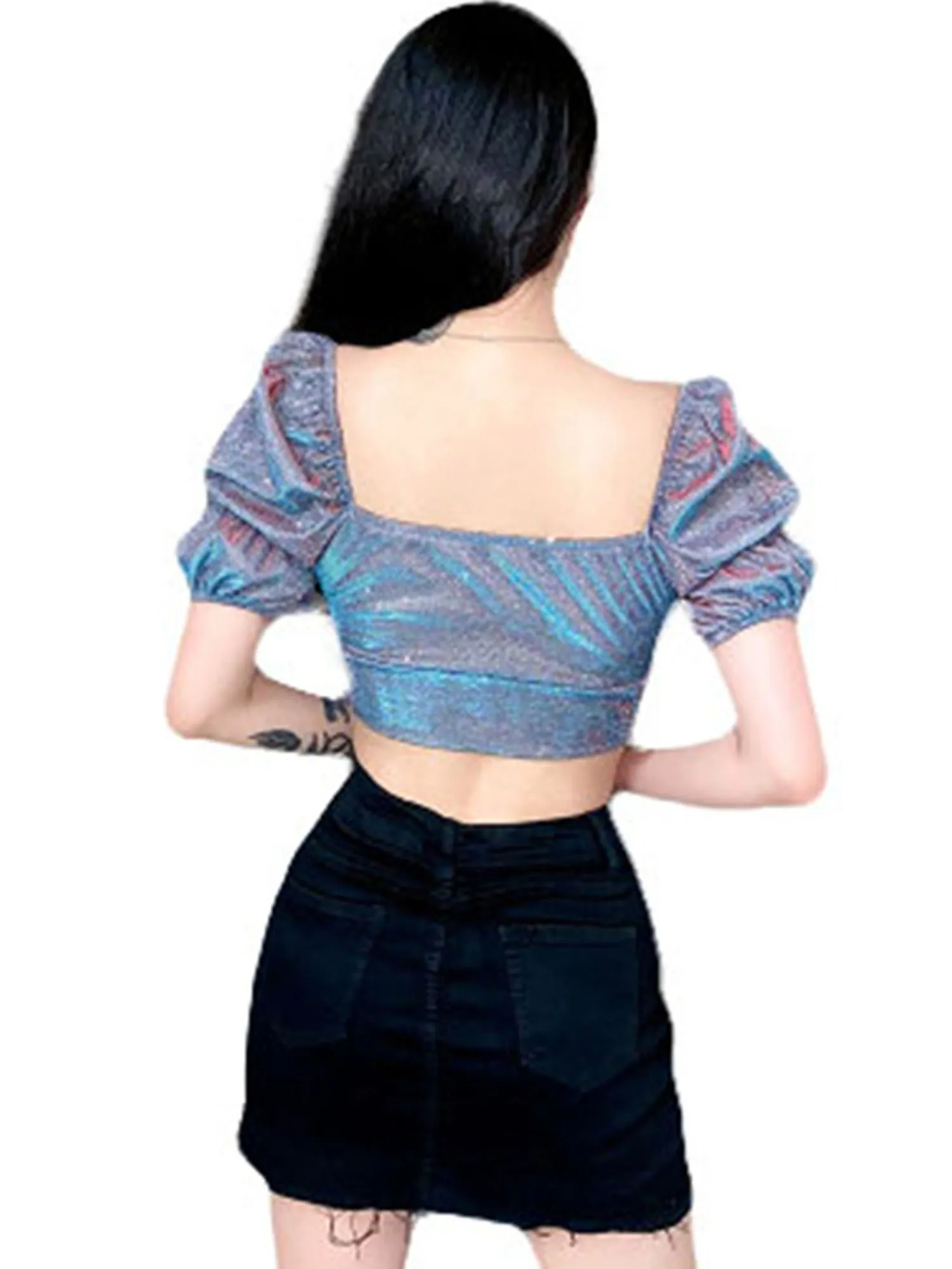 

2020 Women Shinny Crop Top T-Shirts Vintage Casual Puff Short Sleeve Twisted Wrap Chest Outerwear