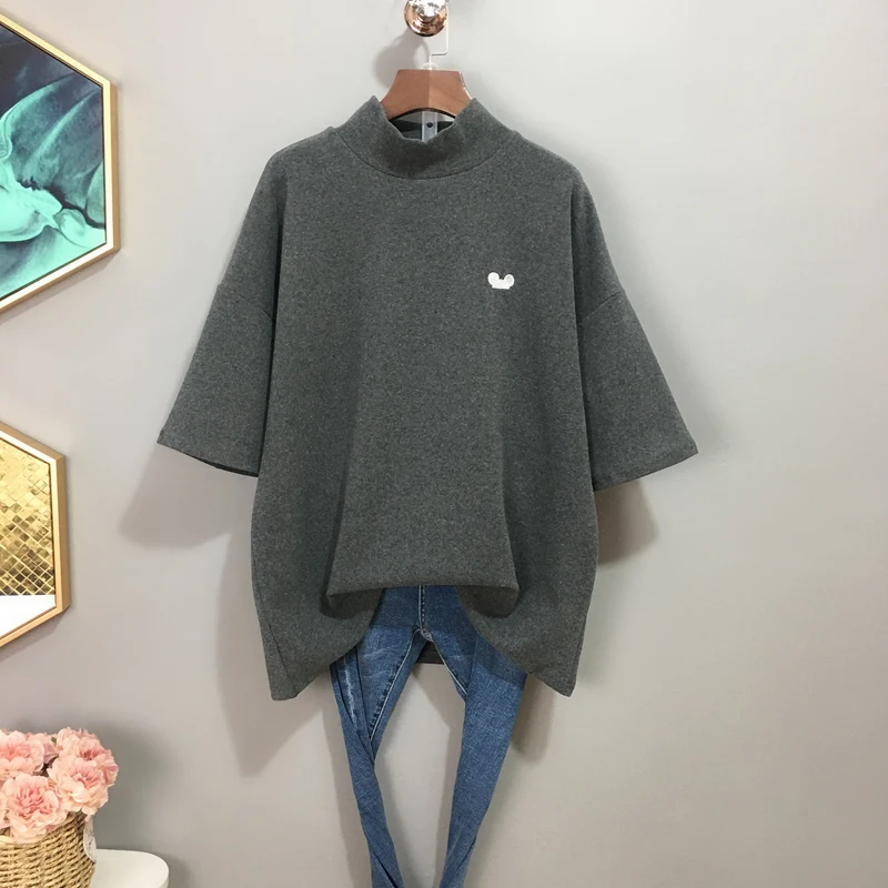 

В европейском стиле, футболка с короткими рукавами для женщин натуральный хлопок дорожный шерсти с высоким воротником футболка с вышивкой ...