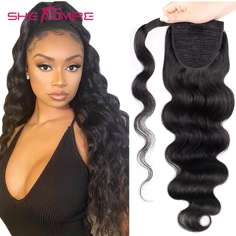 

Hair Ponytail Extension Clip in 100% Remy Human Hair For Black Woman Wrap Around Long Ponytail with Magic Paste Natural Black