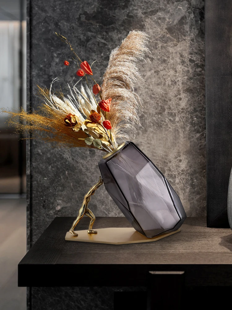 

Creative Modern Light Luxury Glass Crafts for Copper Ornaments Living Room Entrance Flower Arrangement Bottle