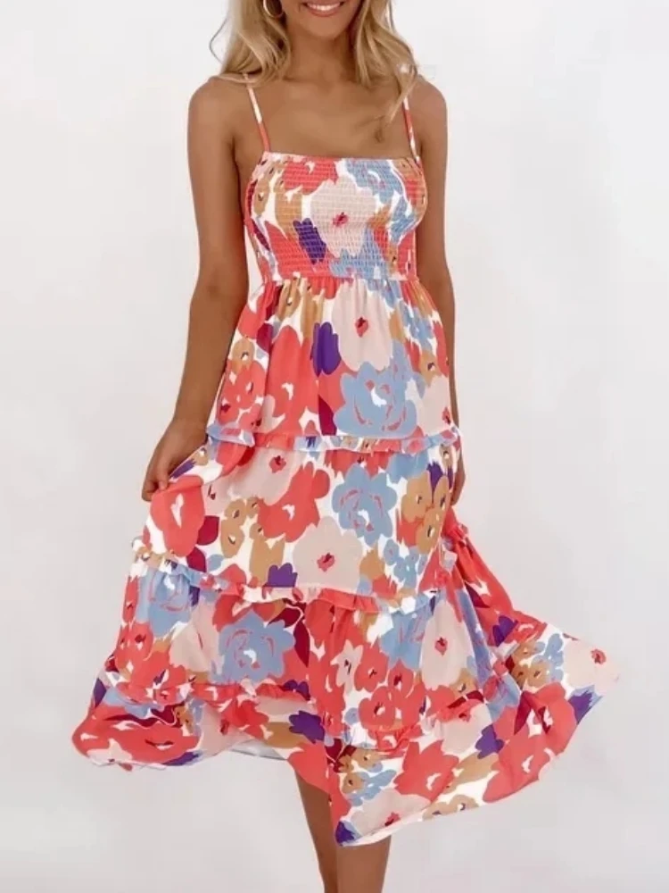 

XEASY Women Boho Print Sling Long Dresses 2022 New Vintage Fashion Summer Beach Female Sleeveless Sweet Dress Loose Chic