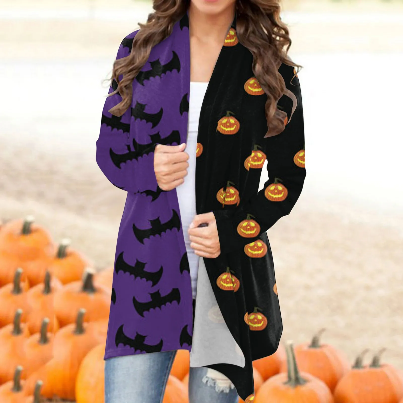 

Женский кардиган с принтом тыквы на Хэллоуин, пальто, куртка, верхняя одежда с длинным рукавом, женский кардиган с длинным рукавом, Свободны...