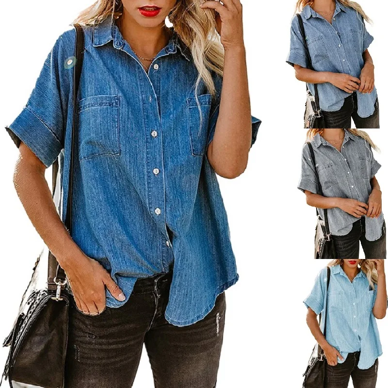 

Женские однобортные джинсовые блузки и рубашки, повседневные свободные топы с коротким рукавом, лето размера плюс