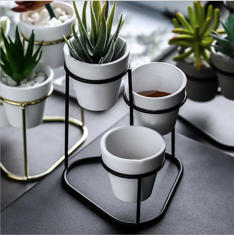 Современные керамические горшки 3 в 1 маленькие цветочные с золотыми и черными