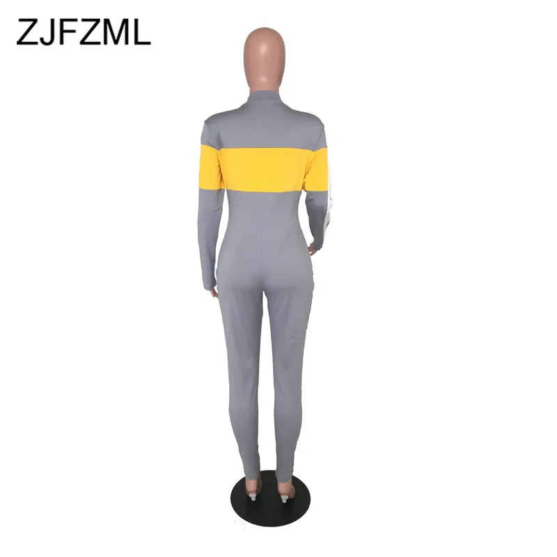 

Color Block Spliced Sexy One Piece Overall Women Deep V Neck Full Sleeve Bandage Romper Streetwear Front Zipper Party Jumpsuits