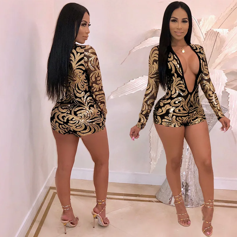 

Deep V Neck Playsuits Women Sequin Printed Romper Playsuits Bodysuit Fashion Long Sleeve Sexy Bodycon Jumpsuit Clubwear Pants