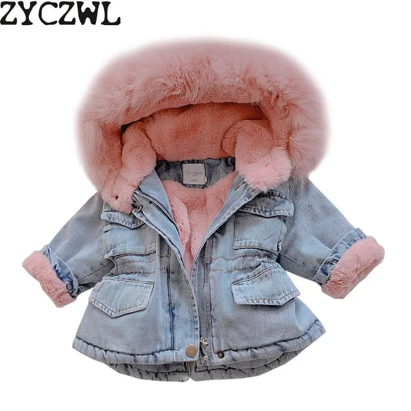 2019 Winter Baby Girl Denim Jacket Plus Velvet Real Fur Warm Toddler Girl Outerwear Coat 1-4 Years Kids Infant Girl Parka images - 6