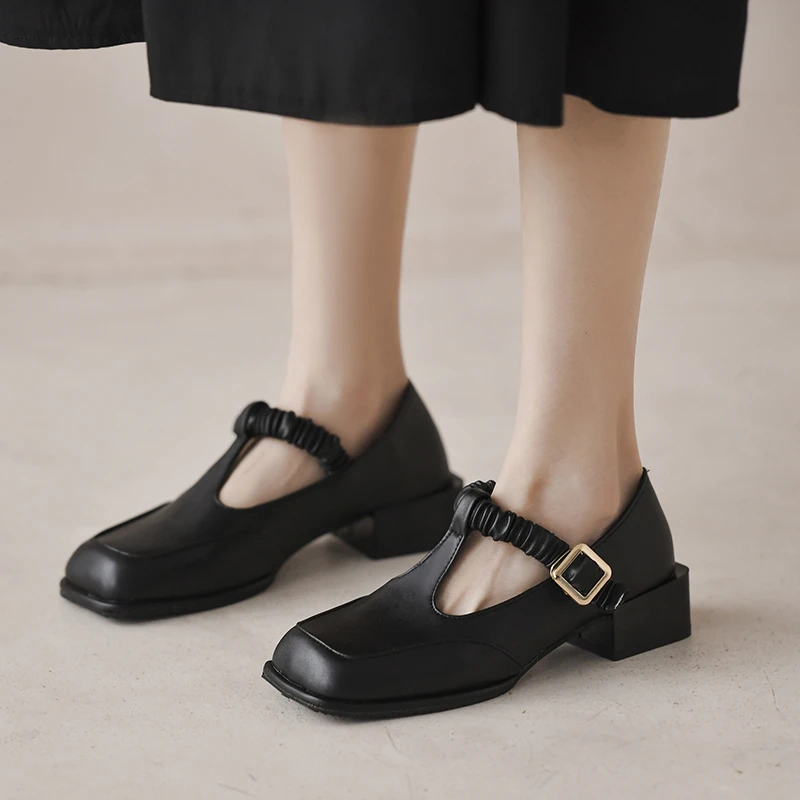 

Women's High-heeled Shoes Spring and Autumn Thick-soled Square Toe Leather Shoes Fashion Square Heel Shoes Women Casual Shoes